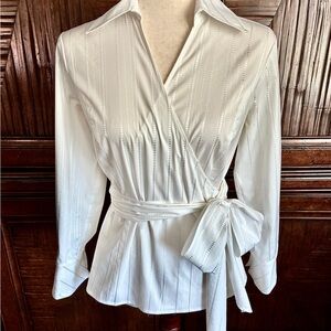 LOFT White Tone on Tone Wrap Blouse with Cuffed Sleeves and Notched Collar